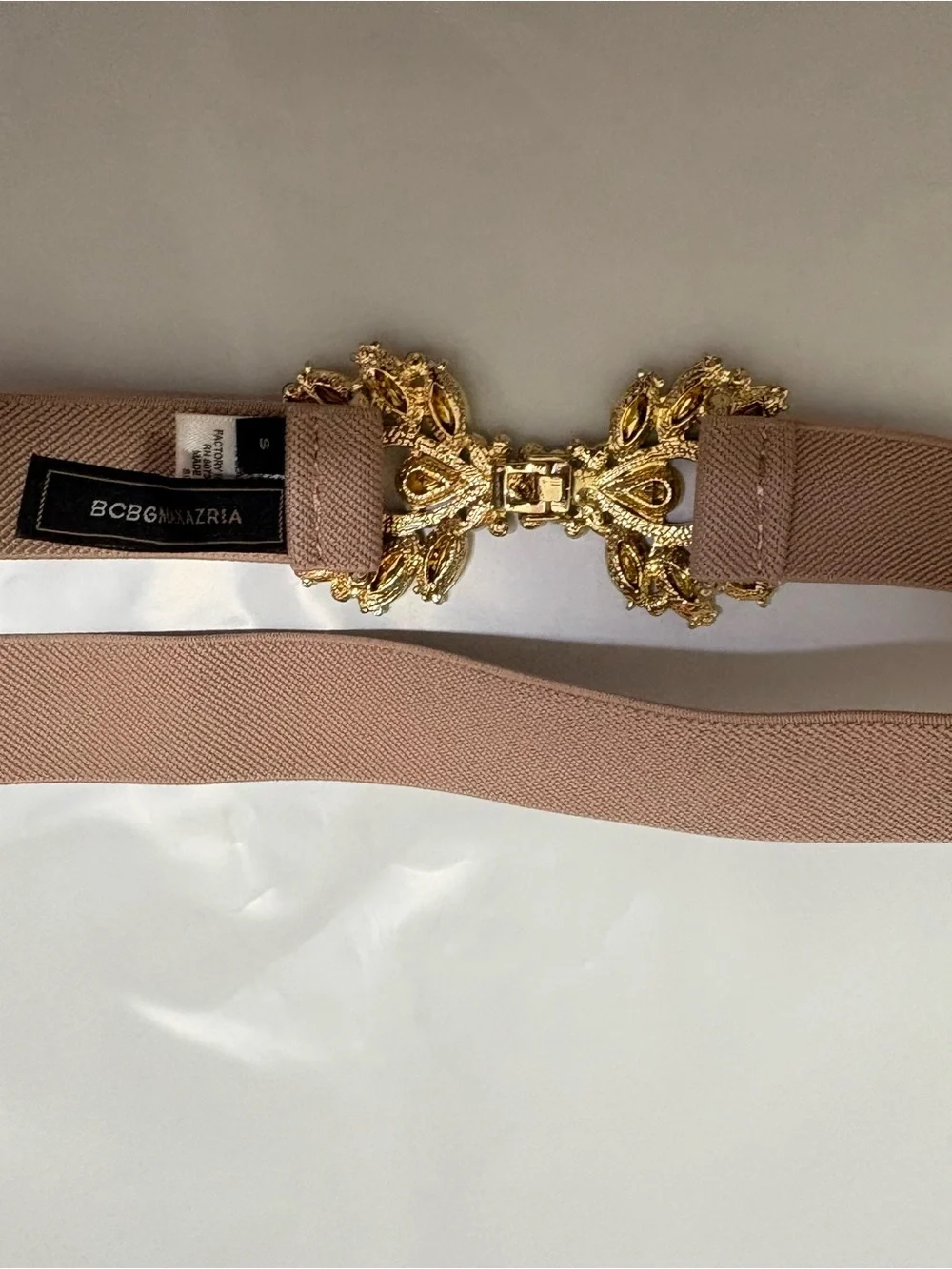 BCBGMAXAZRIA Nude Blush Stretch Belt Gold Jeweled Embellished Front Closure S